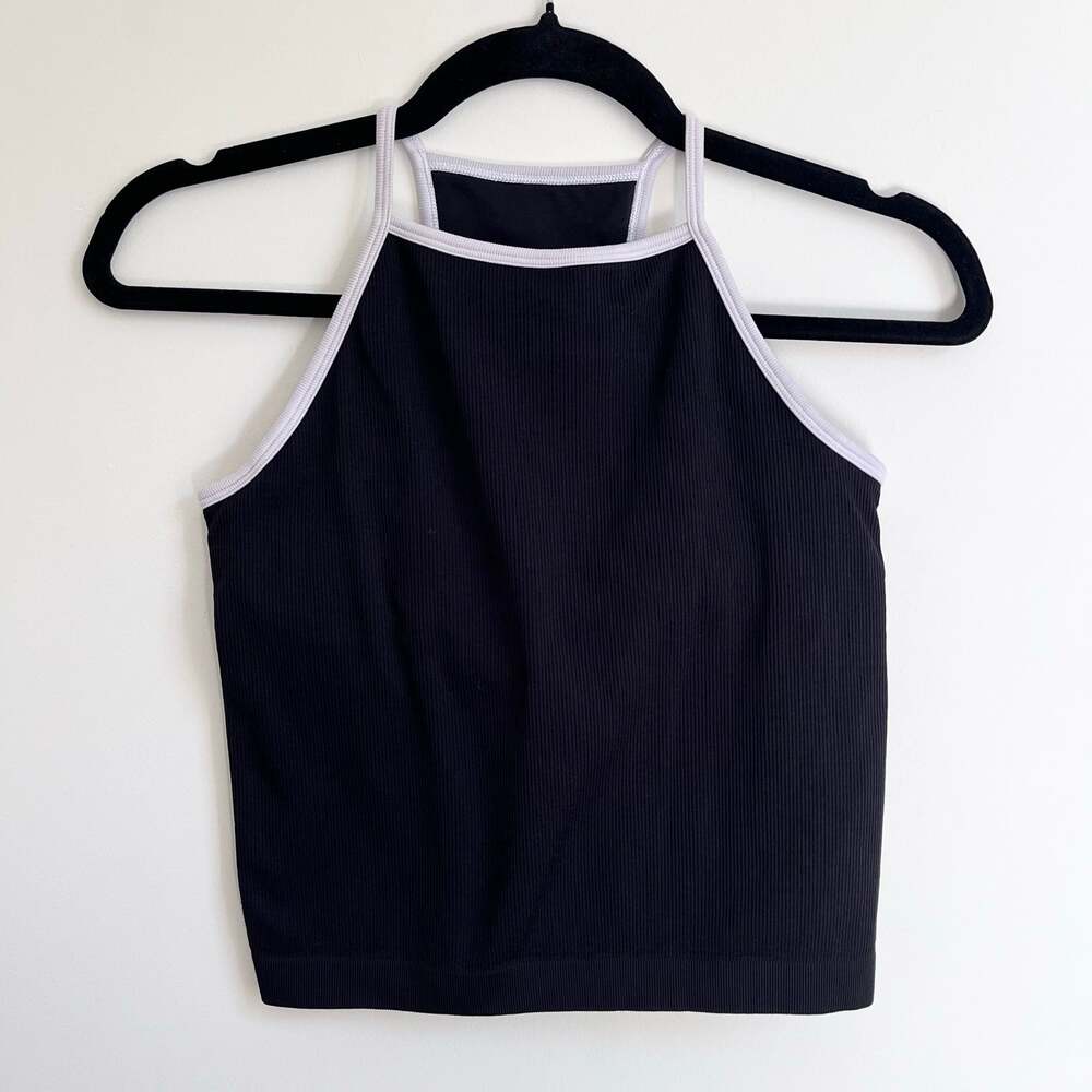 DSG Women’s Sports Bra Tank Ribbed High Neck Black White Trim Athleisure S